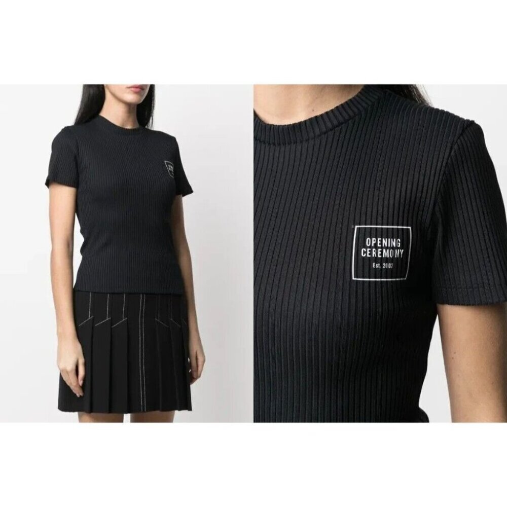 Opening Ceremony Box Logo-Print Rib T-Shirt Size XS Womens Black Tee $180